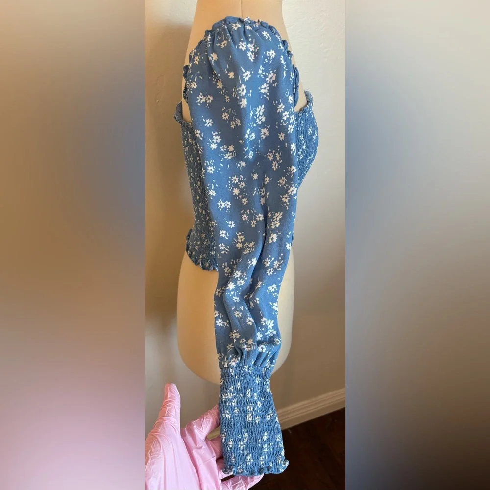 Reformation Pinto Top in Lassen Blue, Smocked, Puff Long Sleeve Dainty Floral, S